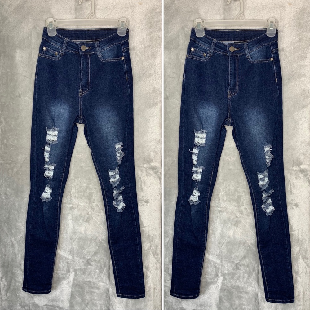 Dark Blue Ripped High Waisted Jeans: Fashion Nova